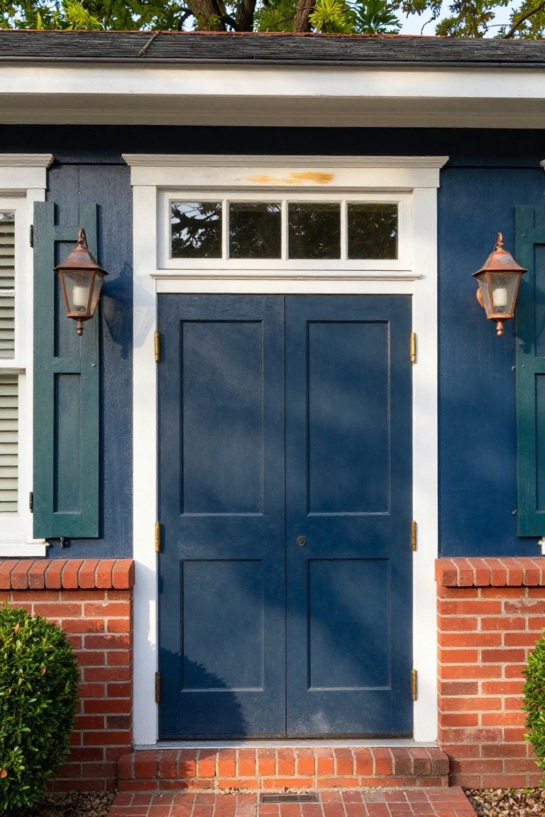 Deep navy blue paint on garage doors and siding, accented by white trim and brick base