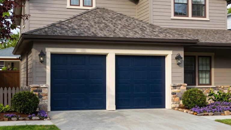 21 Versatile Garage Wall Paint Colors That Suit Any Style Exterior view of a light gray house with deep navy blue double garage doors, flanked by stone pillars and landscaping