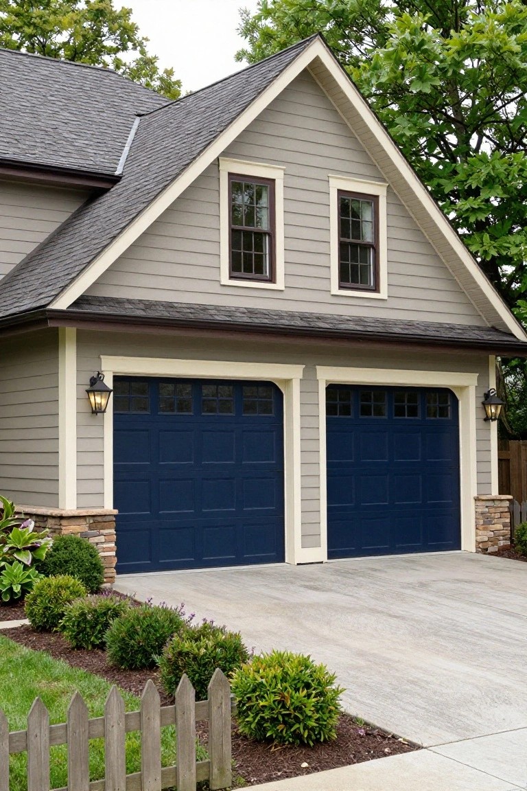 Exterior view of a light gray house with deep navy blue double garage doors, flanked by stone pillars and landscaping