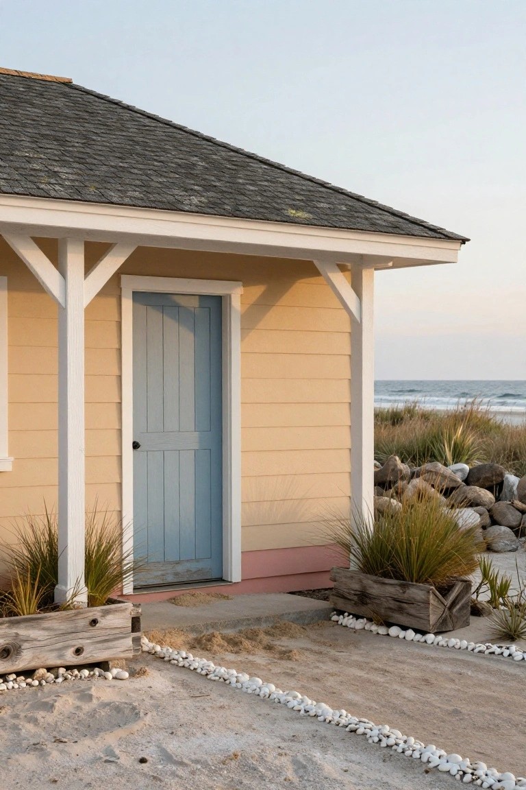 Pale yellow beachside cottage with blue door and white trim, surrounded by sand and plants