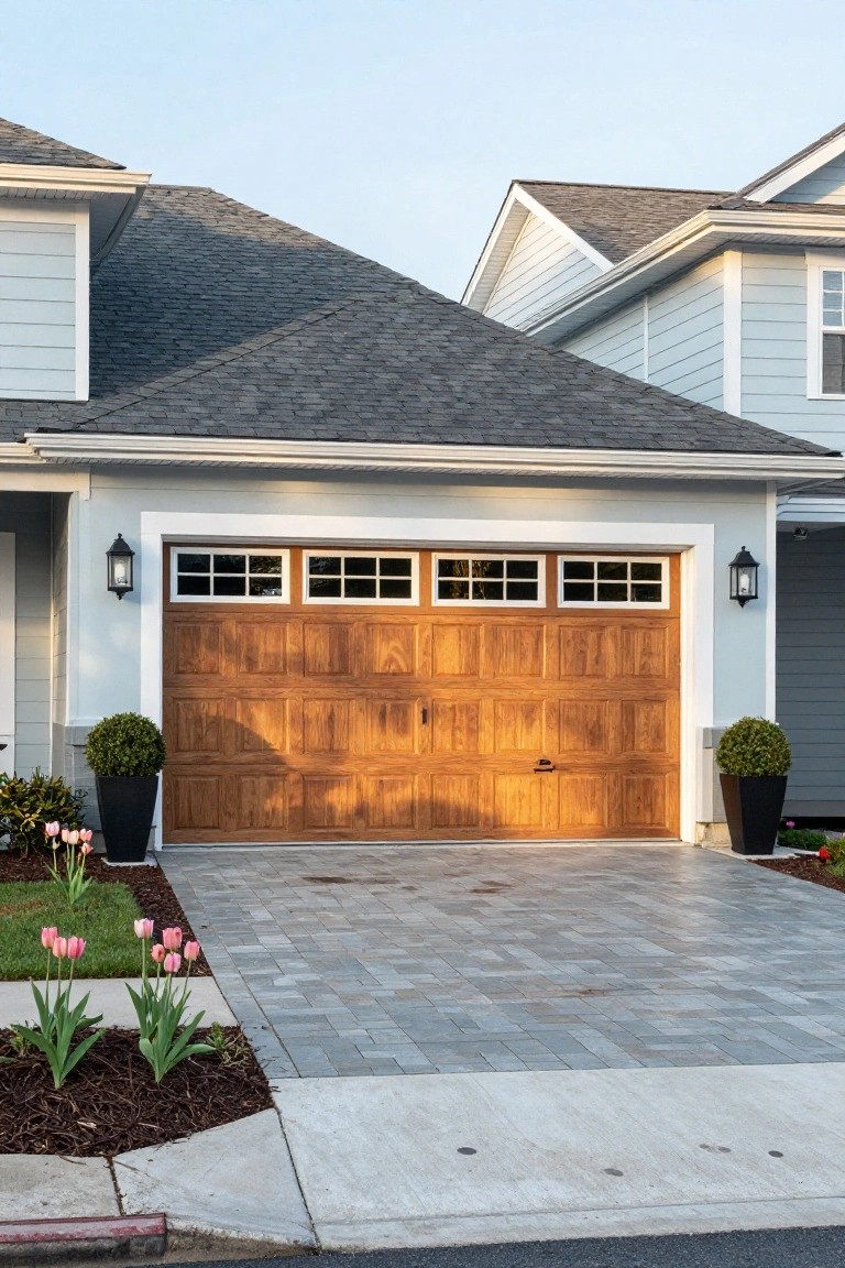 Garage exterior with soft gray siding framing a wooden door, concrete driveway, and tulip plantings