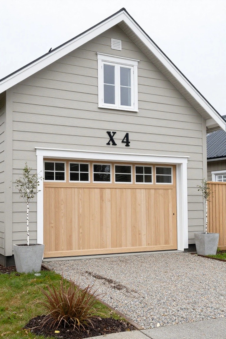 Garage exterior painted light greige with warm wood door and potted trees on gravel driveway