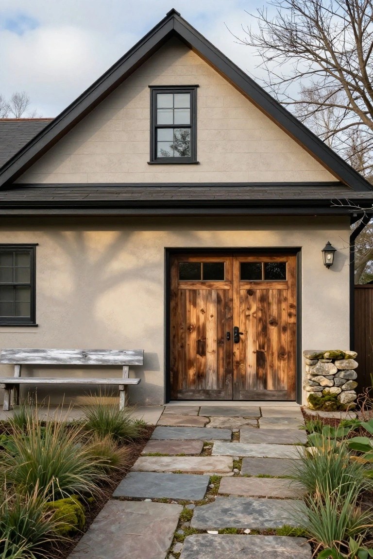 Garage with warm beige stucco walls, dark wood double doors, black trim, stone accents, and flagstone path in a garden setting