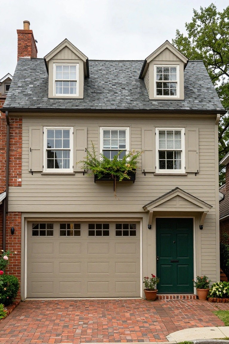 Two-story house with warm greige siding, brick side wall, beige garage door, green entry door, and potted plants on a brick driveway