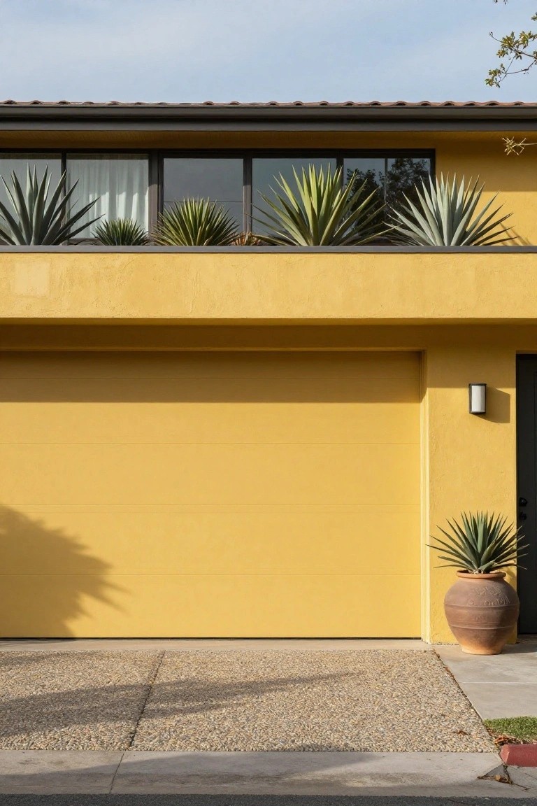 Modern yellow stucco house exterior with matching garage door, black front door, potted agave plants, and gravel driveway