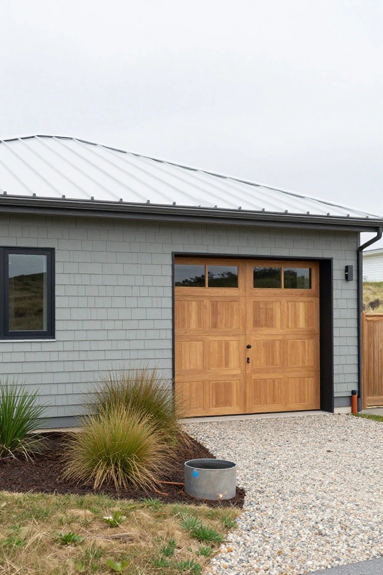 Garage exterior with cool medium gray siding walls framing a wooden door, gravel driveway, and landscape plantings