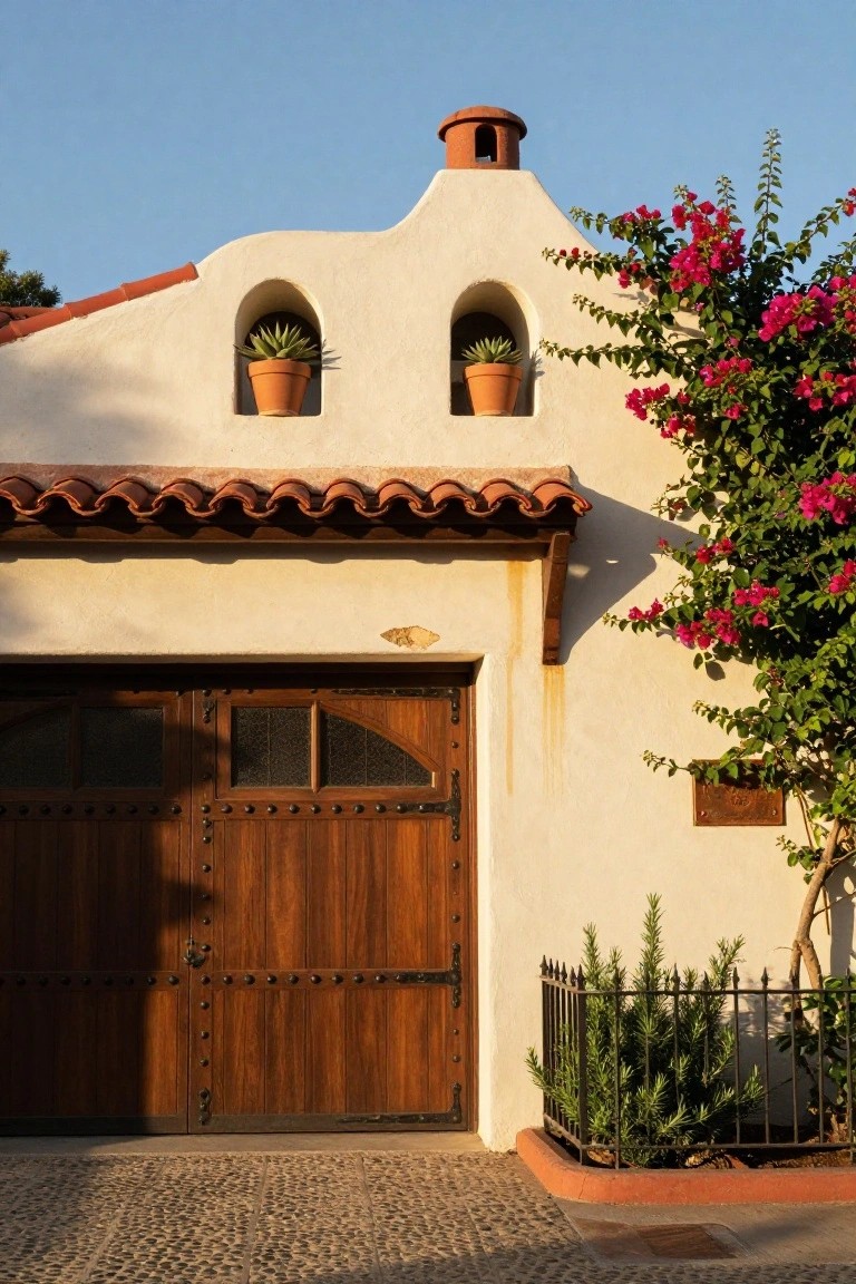 Spanish-style home exterior with creamy white stucco walls framing a dark wood garage door, terracotta roof tiles, and blooming bougainvillea