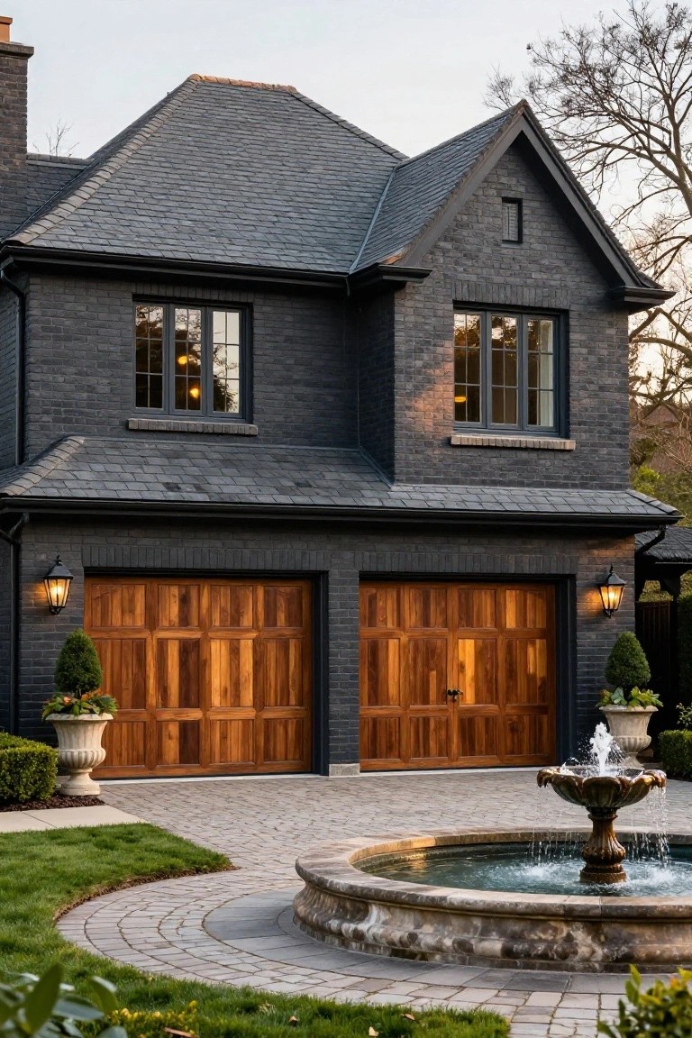 Dark charcoal gray brick house exterior with double wooden garage doors, lanterns, potted plants, and stone fountain in driveway
