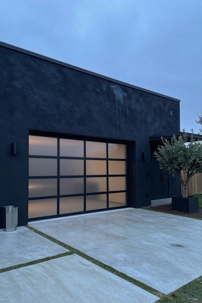 Modern garage exterior painted deep charcoal gray with frosted glass door and concrete driveway