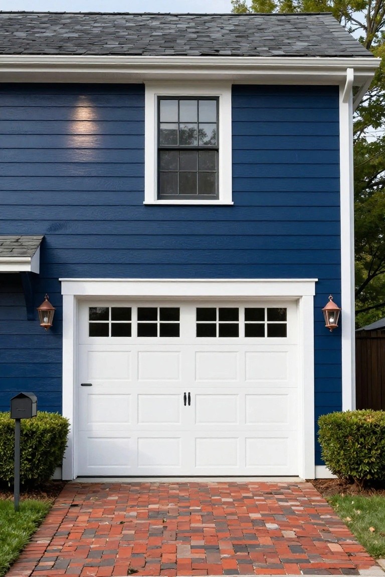 Deep navy blue siding on a garage with white door, lanterns, and brick path