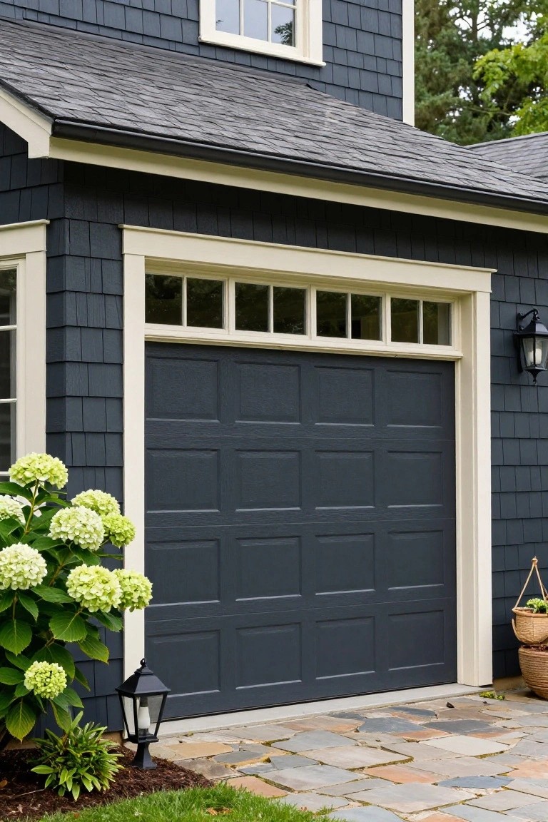 Deep navy blue siding and garage door on a house with white trim, lanterns, hydrangeas, and a stone walkway