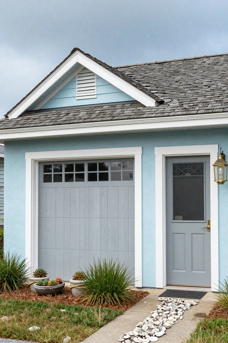 Detached garage with pale blue siding, gray paneled garage door, and gray side entry door framed in blue, with simple landscaping