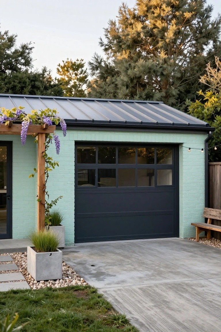 Pale mint green garage exterior with black door, wooden pergola draped in purple wisteria, and potted grasses on a concrete driveway
