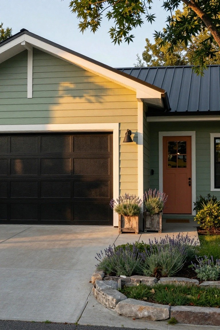 Pale sage green garage walls with black door, white trim, orange entry, lavender pots, and stone garden edge