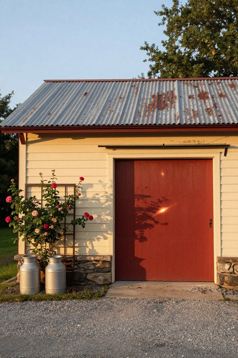 Pale yellow garage exterior with red door, stone foundation, milk churns, and rose trellis