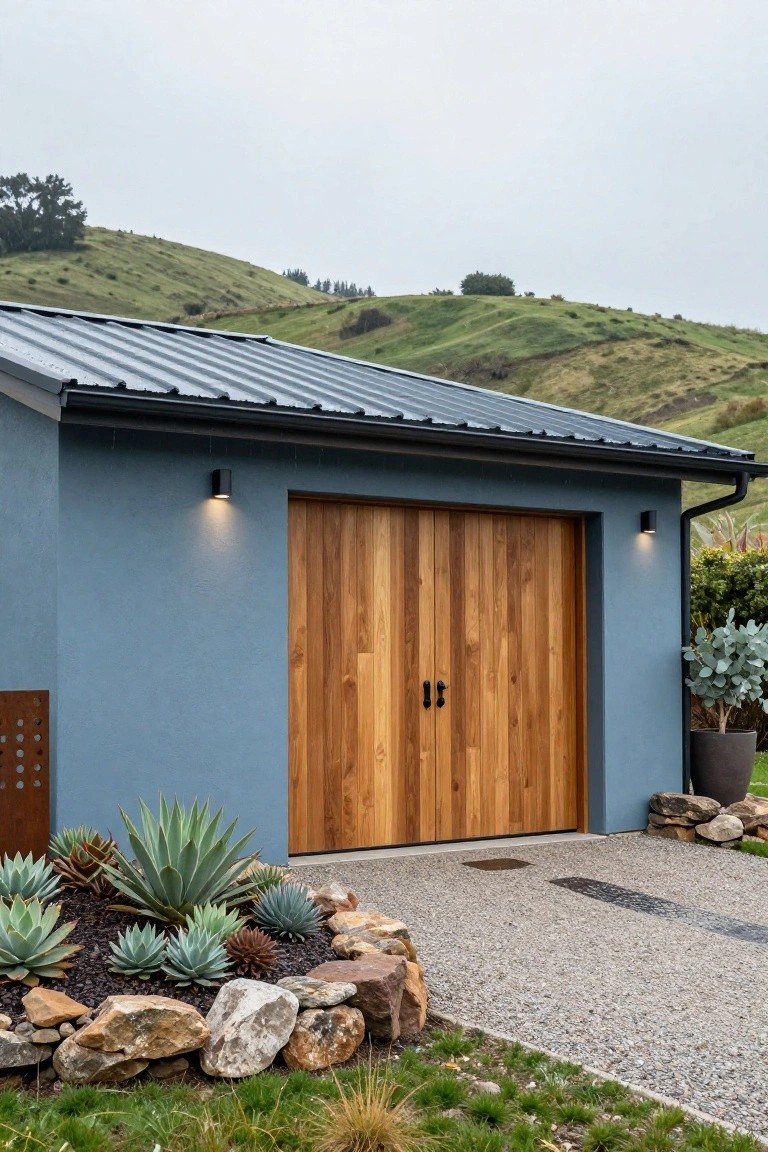 Garage exterior painted soft blue with wooden double doors, flanked by agave plants and rocks on a driveway amid green hills