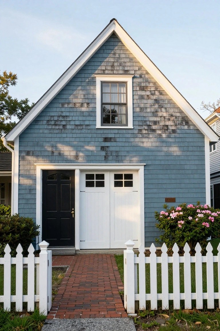 Soft blue-gray shingle siding on a garage with white trim, black door, and picket fence
