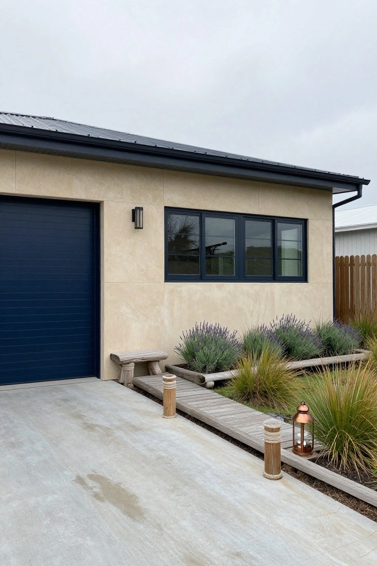 Garage exterior with light warm beige stucco walls next to a dark blue door and simple wood and plant accents
