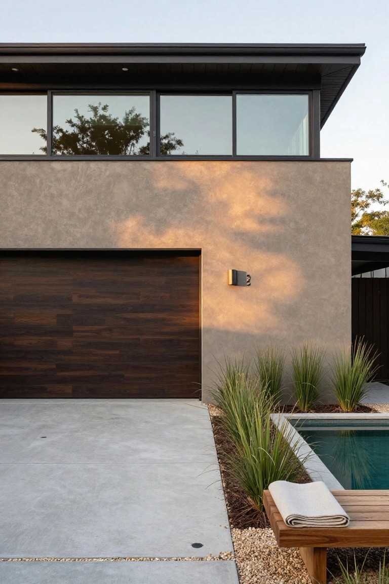 Garage wall in warm beige stucco with wooden door, greenery, and poolside bench in evening light