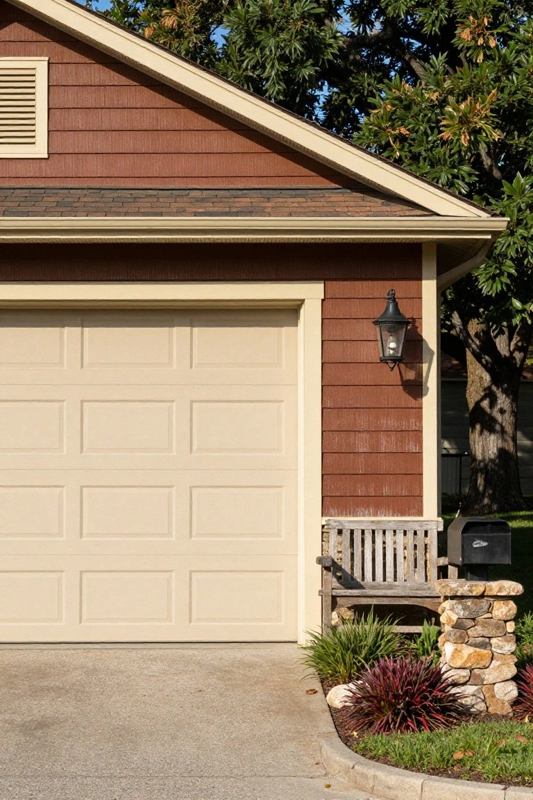 Garage with warm reddish-brown shingle siding, beige door, lantern light, wooden bench, and stone mailbox planter