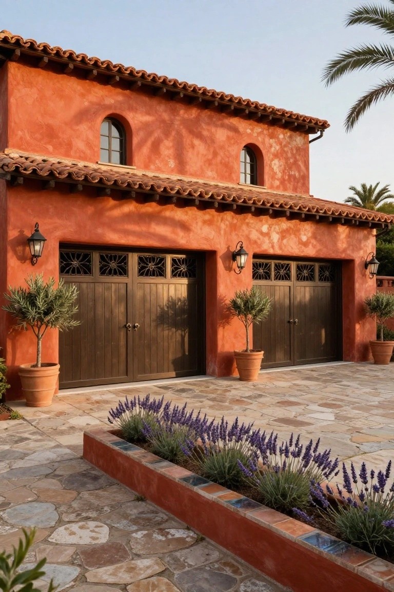 Warm terracotta red stucco garage walls with dark wood doors, stone pavers, and potted plants