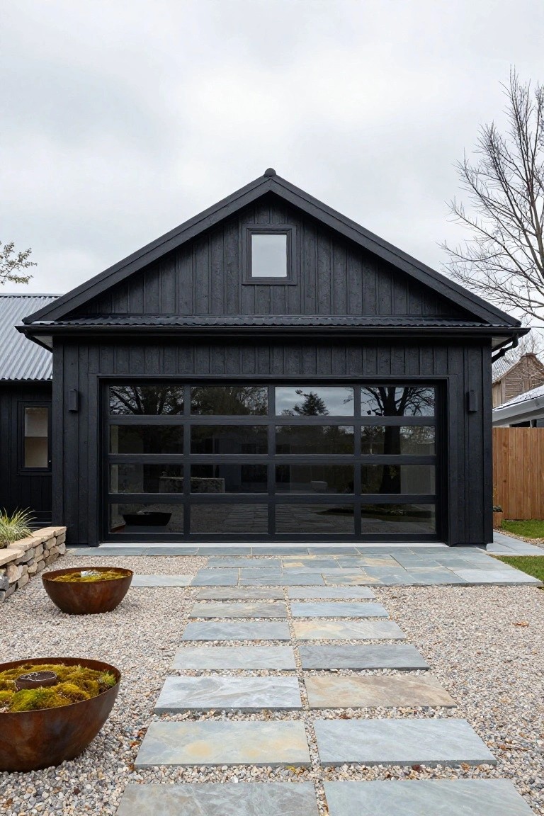 Detached black board-and-batten wood garage with large grid-pattern glass doors, gabled roof, flanked by gravel yard and stone paver pathway with terracotta pots containing moss.