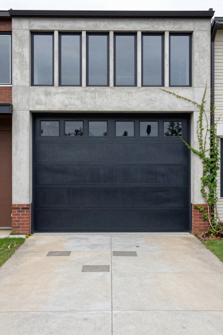 Modern house exterior with light gray concrete facade, large matte black garage door with window panels, tall dark-framed windows above, ivy climbing the brick side wall, and concrete driveway.
