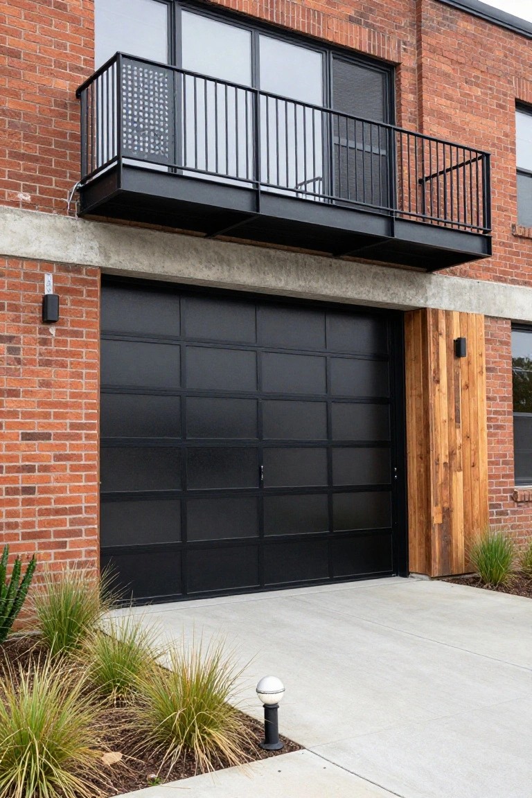 Brick house exterior with a large black paneled garage door, black metal balcony above, flanking lights, and grasses along the driveway.
