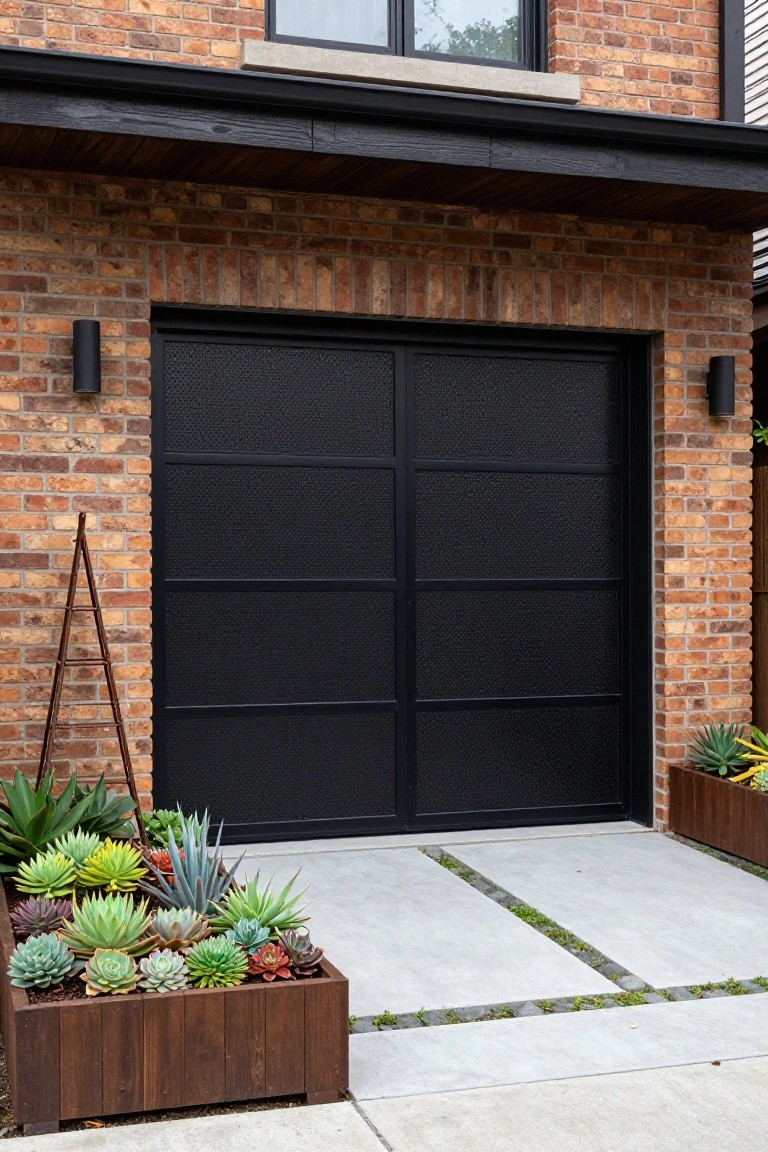 Brick house exterior with double black paneled garage doors, flanked by black wall lights and wooden planters containing succulents, next to a concrete pathway.