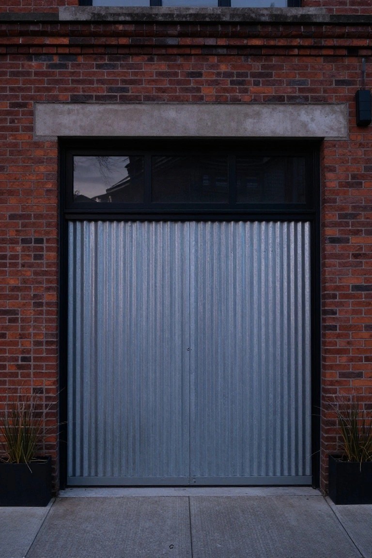 Red brick building facade featuring a tall vertical corrugated metal garage door with dark-framed windows above and potted grasses flanking the concrete walkway in front.