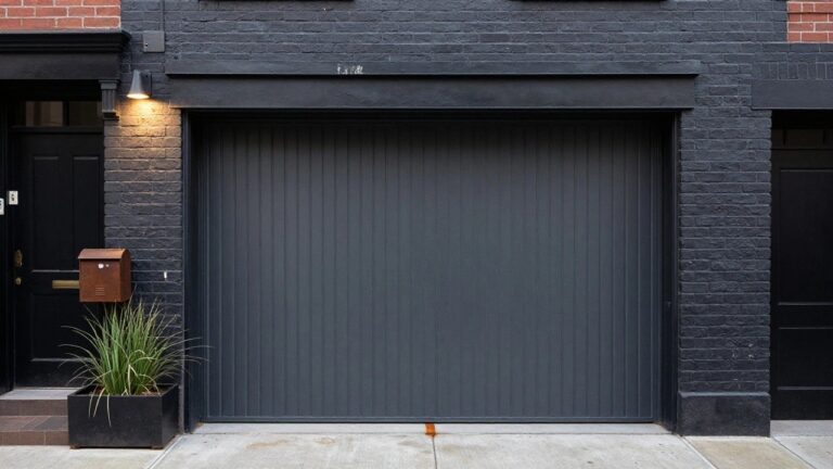 22 Bold Industrial Garage Door Ideas For A Striking Urban Edge Tall gray paneled wooden front door on red brick townhouse with black frame, wall light, red mailbox, iron railing, and potted grass plant.
