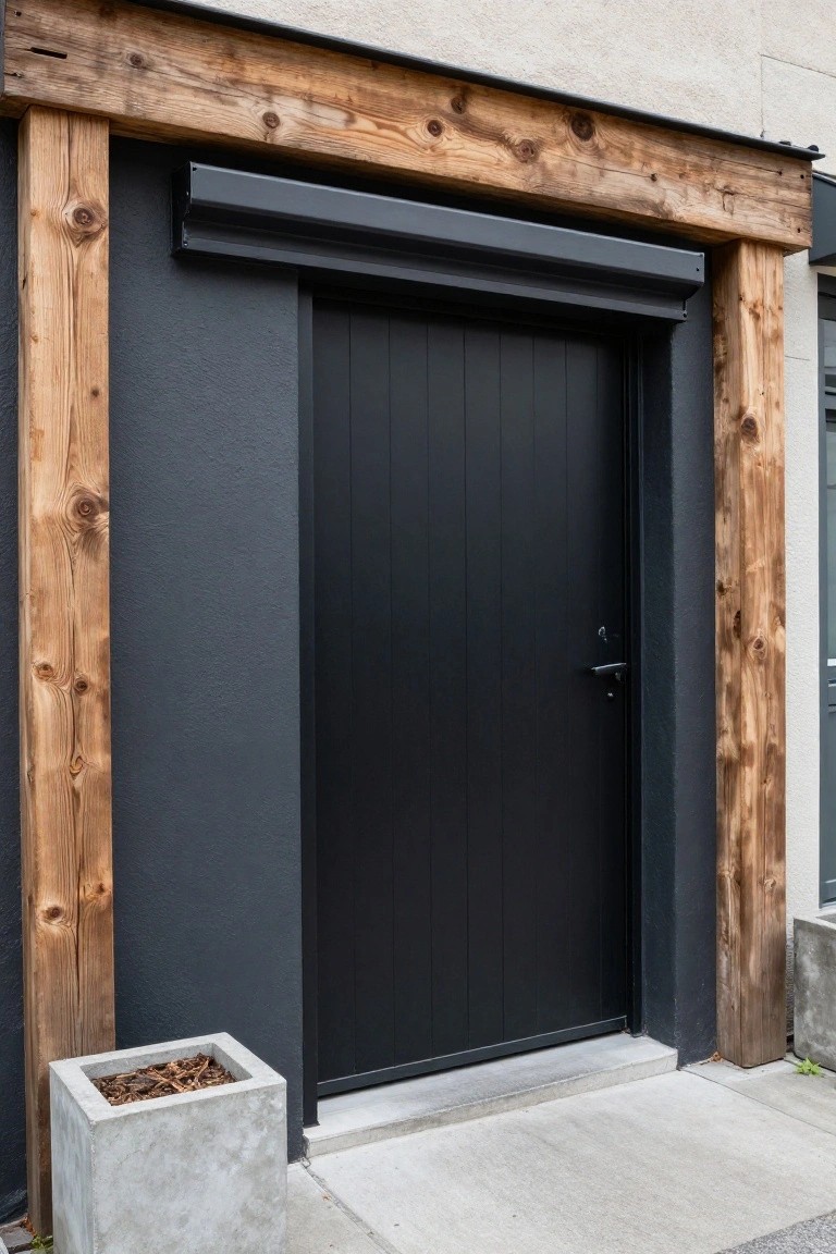 Black paneled garage door centered between two tall rustic wooden beams on a dark gray exterior wall with a concrete planter pot nearby.