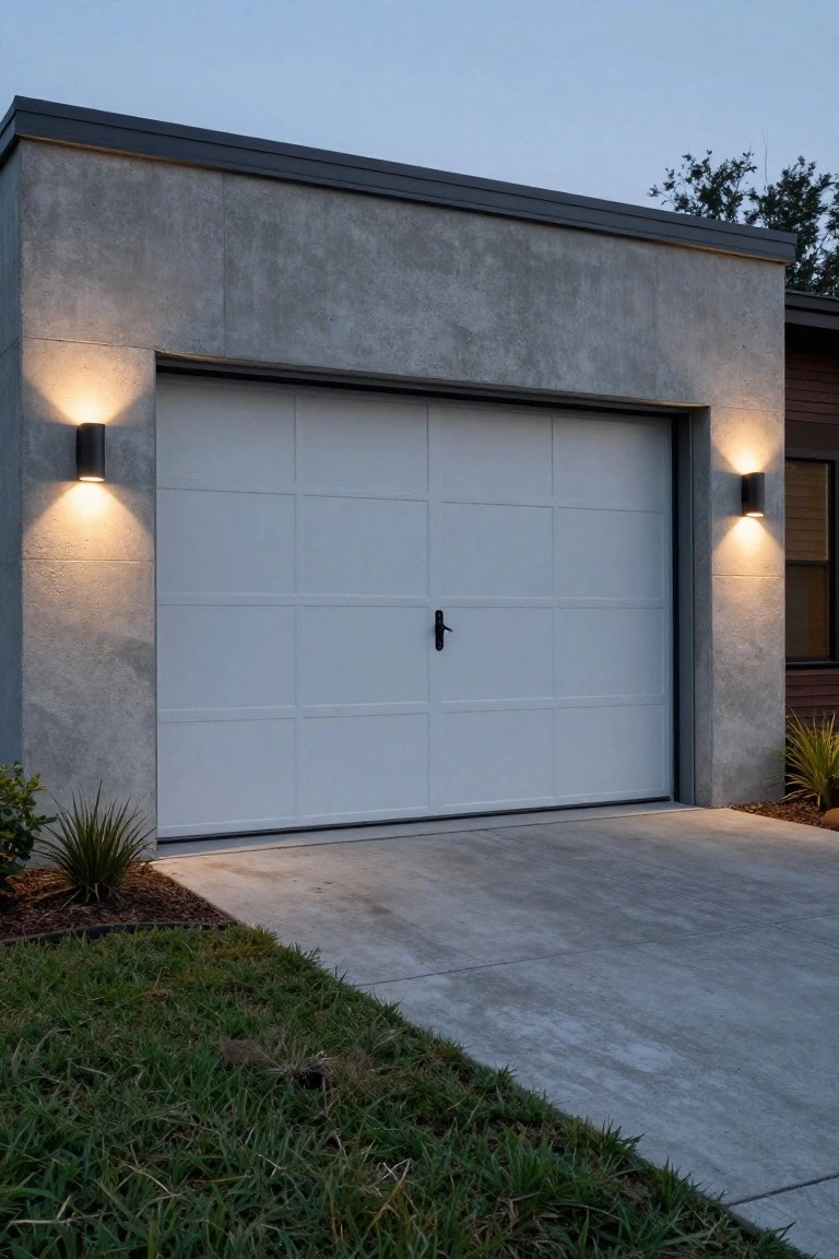 Gray stucco garage facade with centered white paneled overhead door and black cylindrical wall lights mounted on each side, concrete driveway, grass lawn with plants, evening sky.