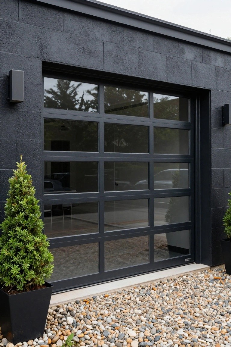Black brick garage facade with a large multi-pane glass garage door in black frames, flanked by black wall lights and two potted arborvitae trees on gravel ground.