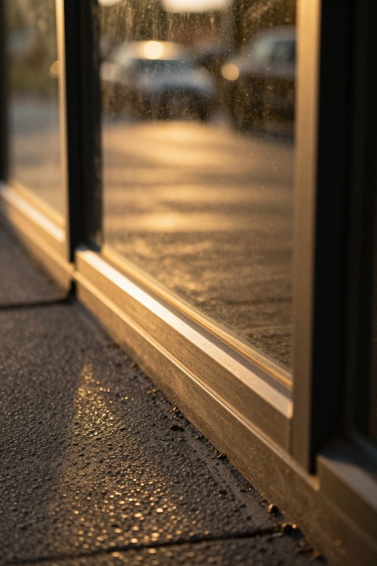 Close-up of large rain-streaked glass garage doors with black metal frames on a wet concrete walkway, golden sunset light reflecting on pavement and cars visible through the glass.