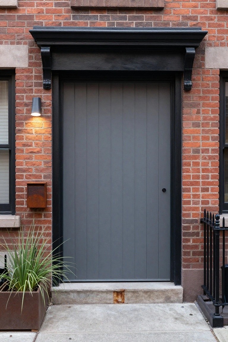 Tall gray paneled wooden front door on red brick townhouse with black frame, wall light, red mailbox, iron railing, and potted grass plant.