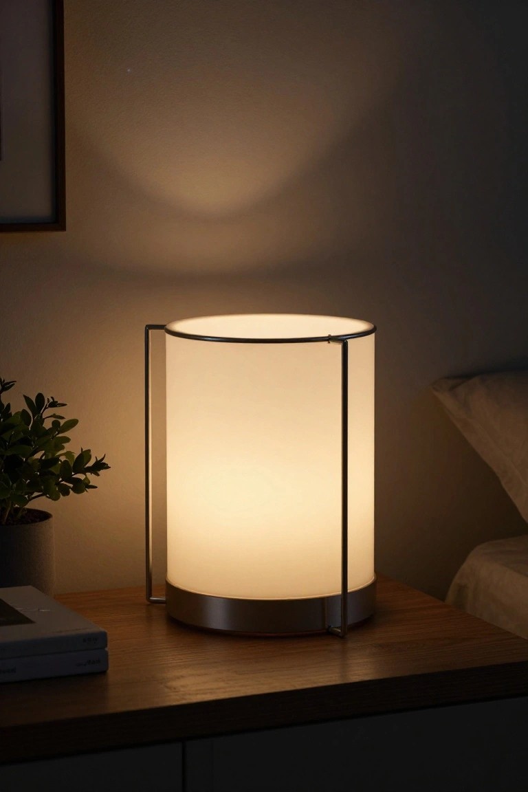 A white cylindrical lampshade with thin silver metal frame sits on a wooden nightstand next to a bed, plant, and books in a dimly lit bedroom.