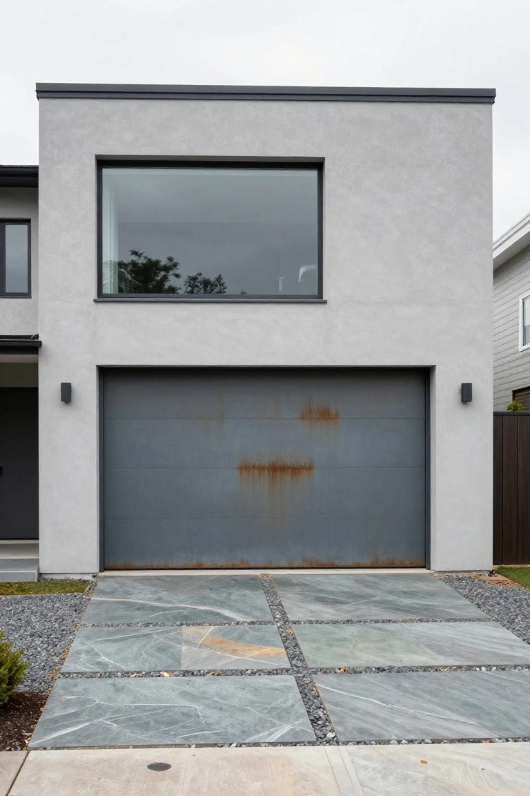 Modern house exterior with light gray stucco walls, a large gray metal garage door showing rust spots, black wall lights flanking the door, a tall narrow window above it, and a driveway of gray pebble pavers in square patterns.