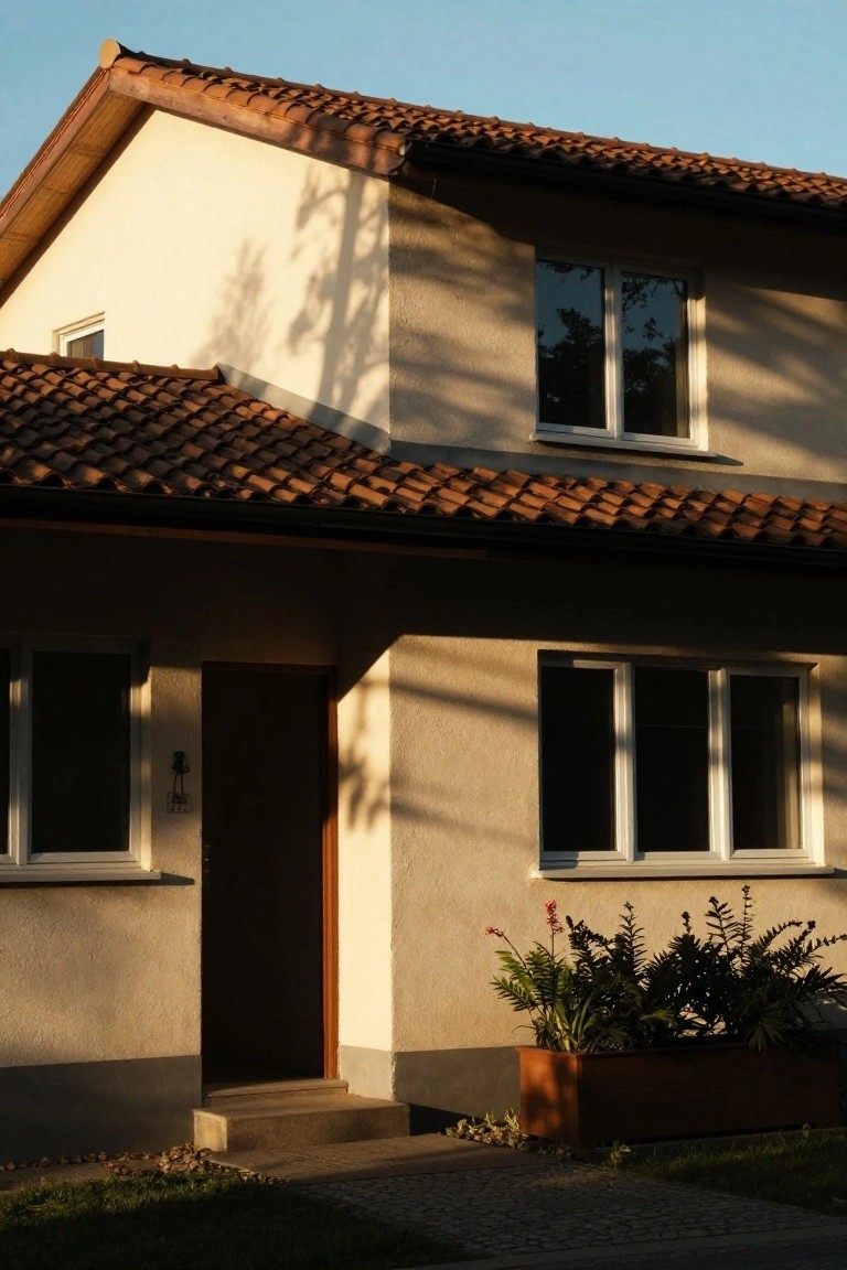 Beige stucco house exterior featuring a terracotta tile gable roof, white-framed windows, brown wooden front door, tall orange planter with ferns and red flowers beside concrete entry steps, gravel walkway, and grass lawn under clear sky.