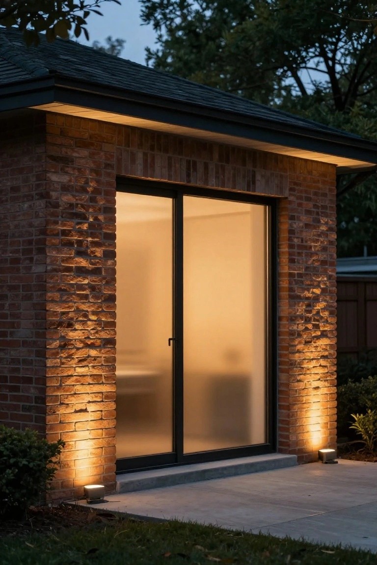 Brick outbuilding featuring a large sliding glass door flanked by illuminated corner pillars with uplights, on a concrete patio surrounded by grass and trees at dusk.