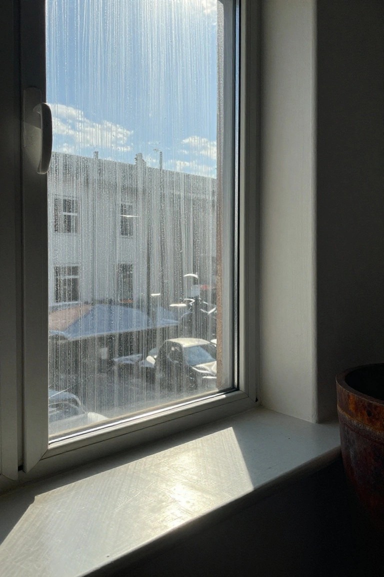 Window view overlooking parked cars in open garage bays under white multi-story urban buildings, with rain streaks on the glass and a terracotta pot on the sill.