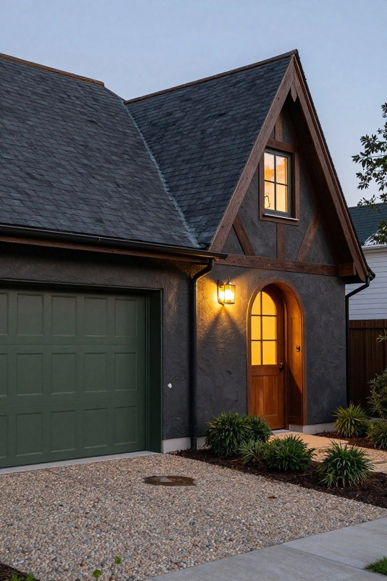 Dark green garage door on a charcoal house with wood accents and landscaping at dusk