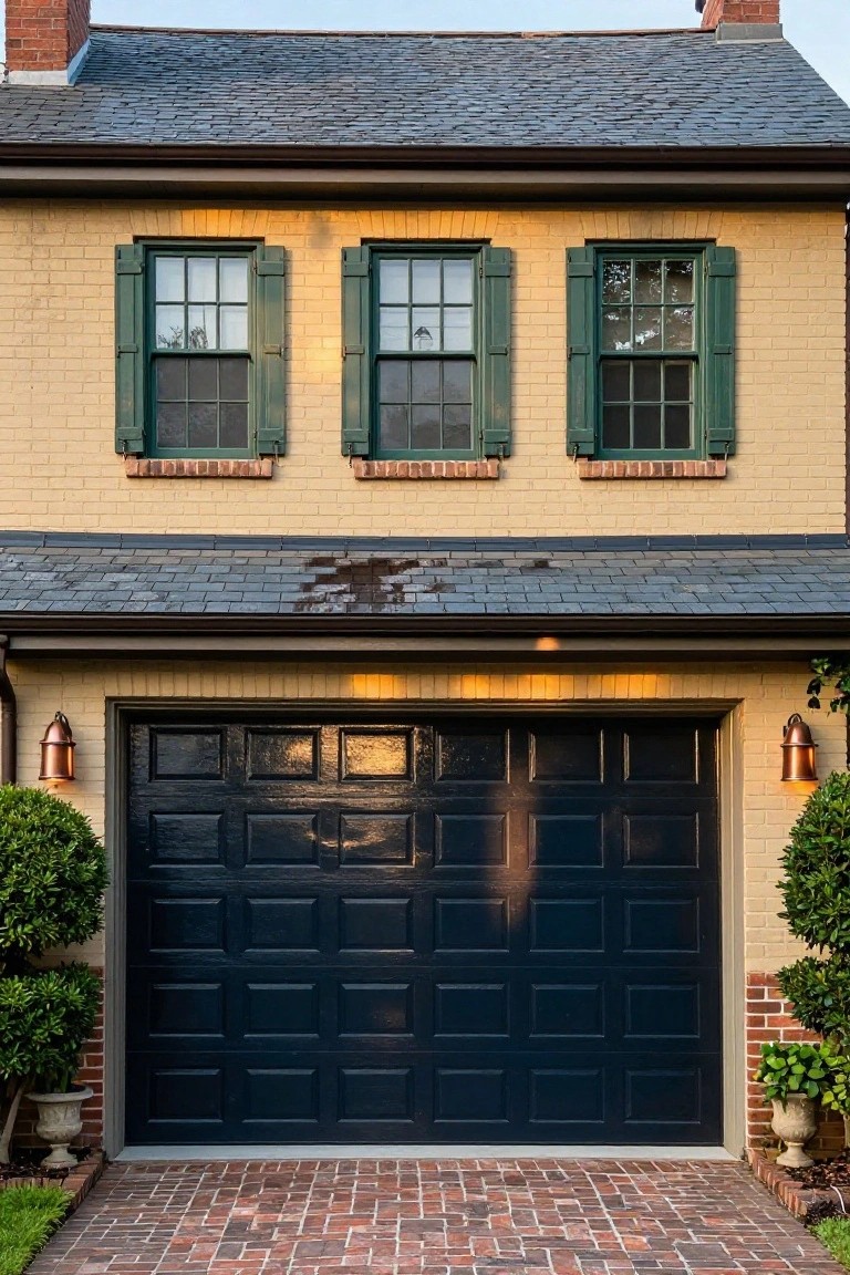 Yellow brick house exterior with deep navy garage door, flanked by boxwood shrubs and copper lanterns