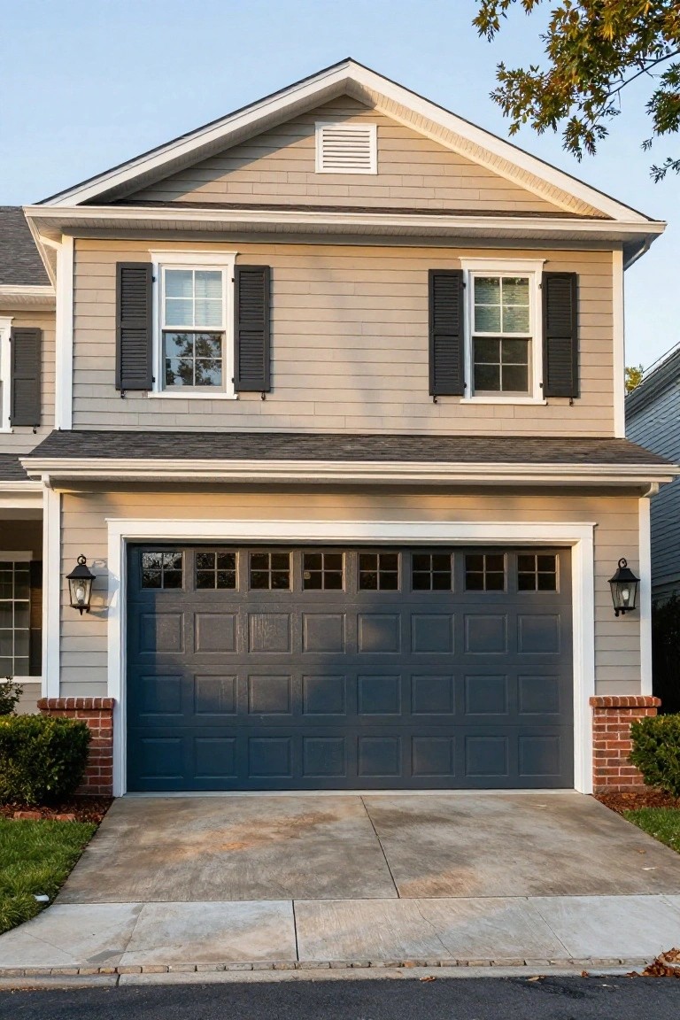 Beige sided house exterior with deep navy blue garage door, black shutters, and brick details on the driveway