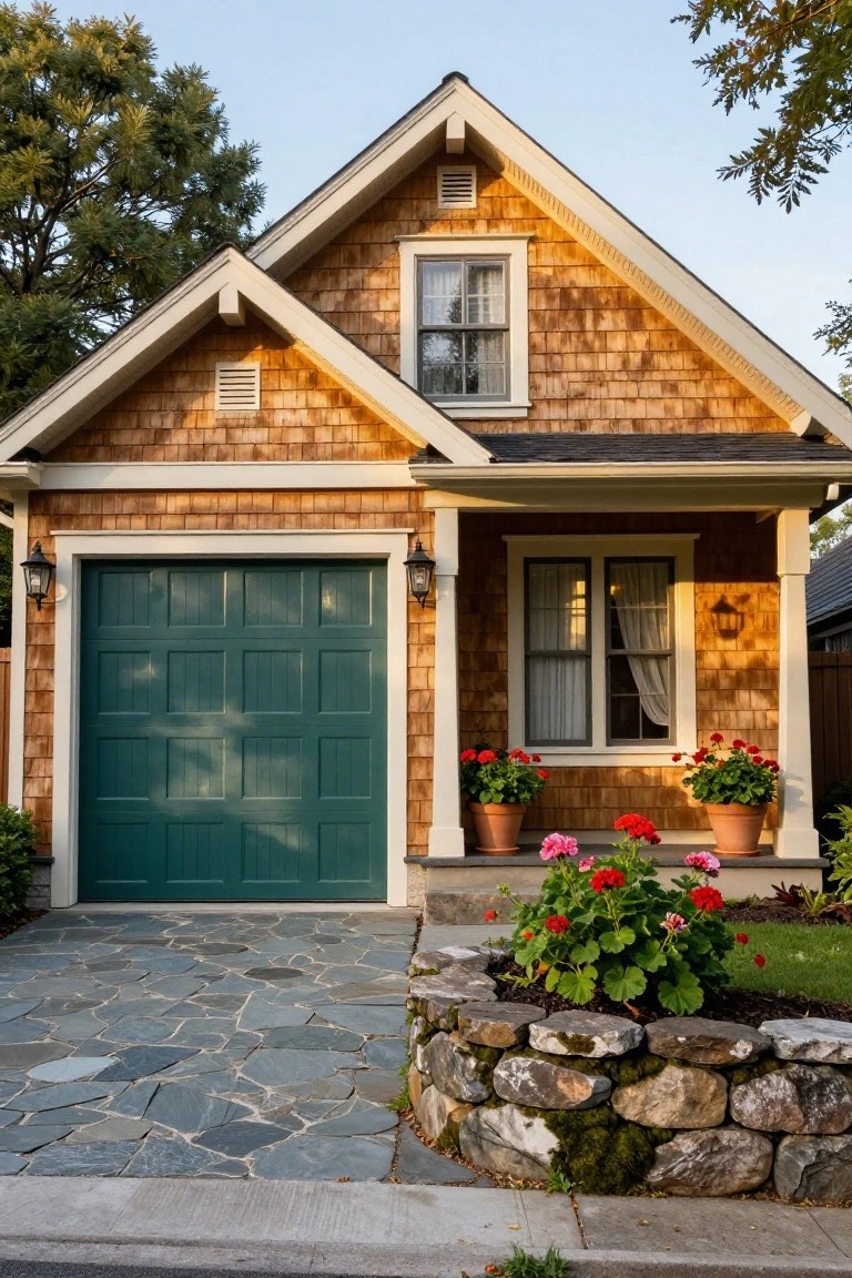 Craftsman home exterior featuring a deep teal garage door against shingle siding and stone accents