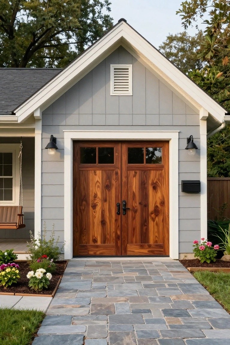 Light gray board-and-batten garage siding with walnut wood doors, white trim, and stone path