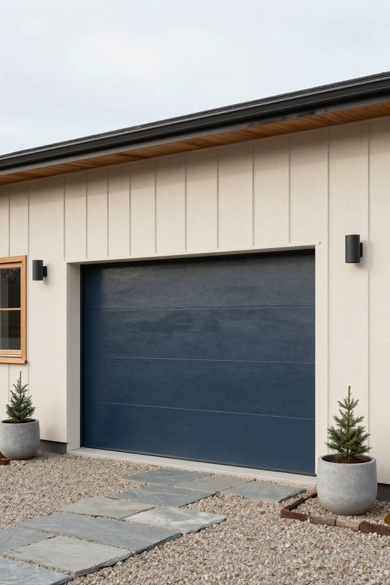 Garage door painted deep navy blue against light beige vertical siding, with black wall lights and potted trees on a gravel path
