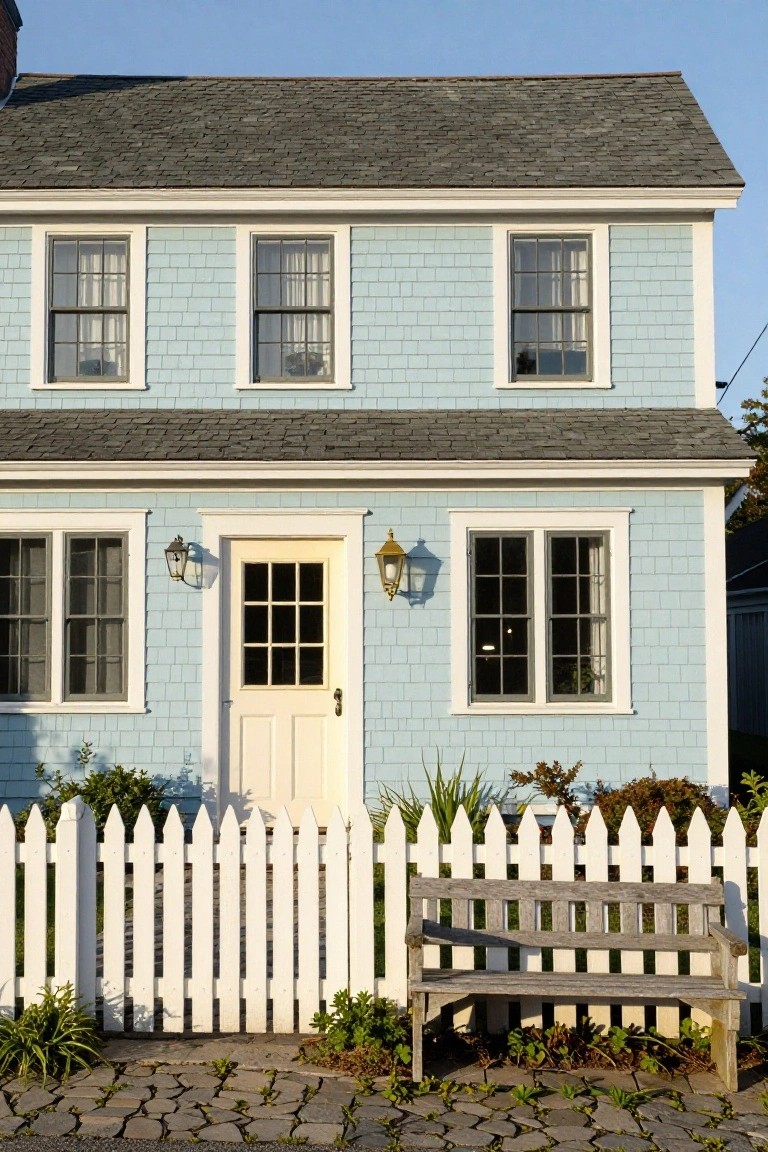 Pale blue clapboard house exterior with white trim, yellow door, lanterns, and picket fence