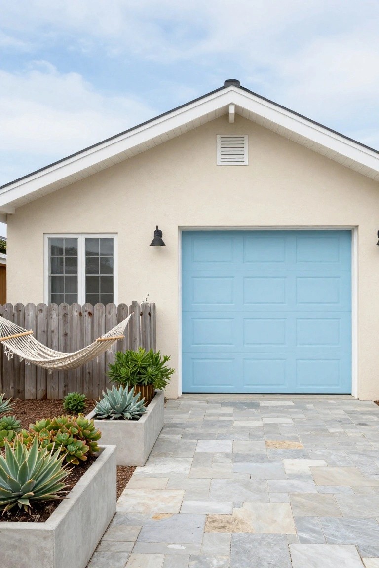 Light beige house exterior with soft blue garage door, potted succulents, and neutral pavers