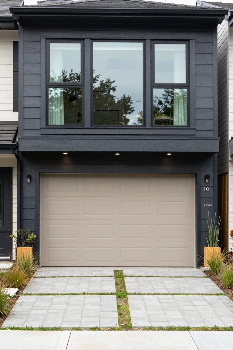 Modern garage door in soft greige paint against dark siding and potted plants